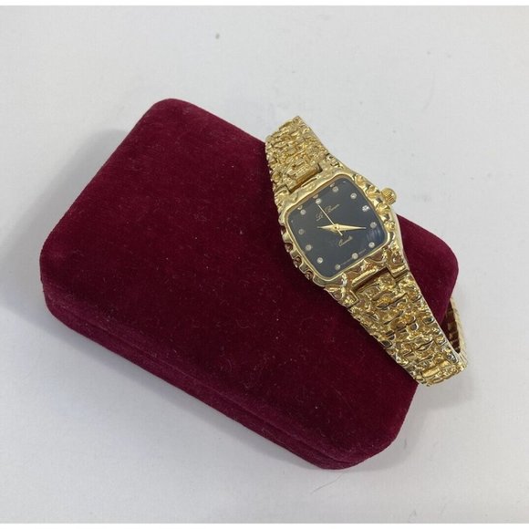 Le Baron Accessories Vintage Le Baron Quartz Gold Tone And Black Bezel Womens Watch New